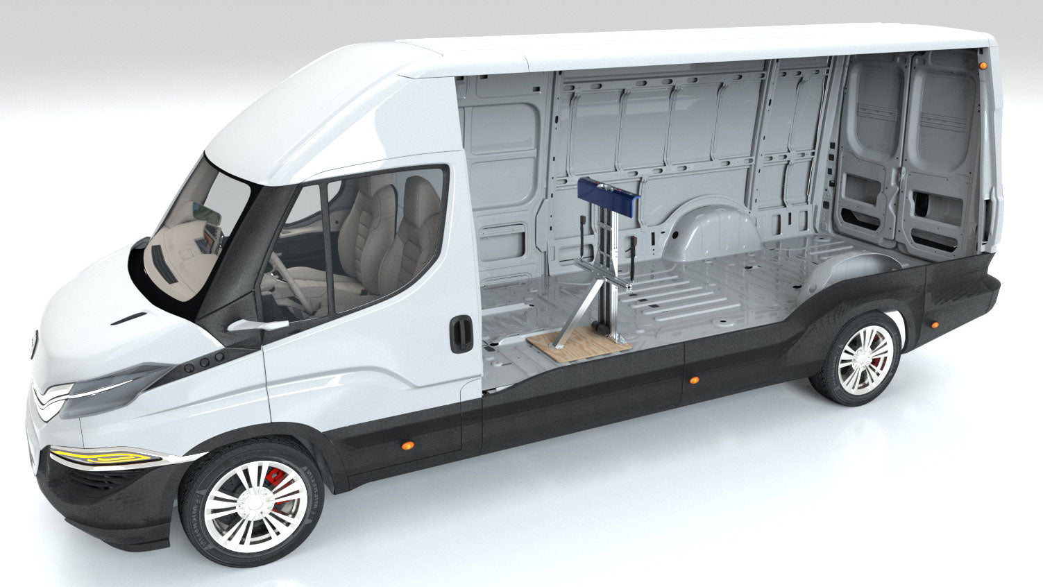 3D-Ansicht: Kastenwagen im Schnitt mit VSR Gurtbock im Laderaum