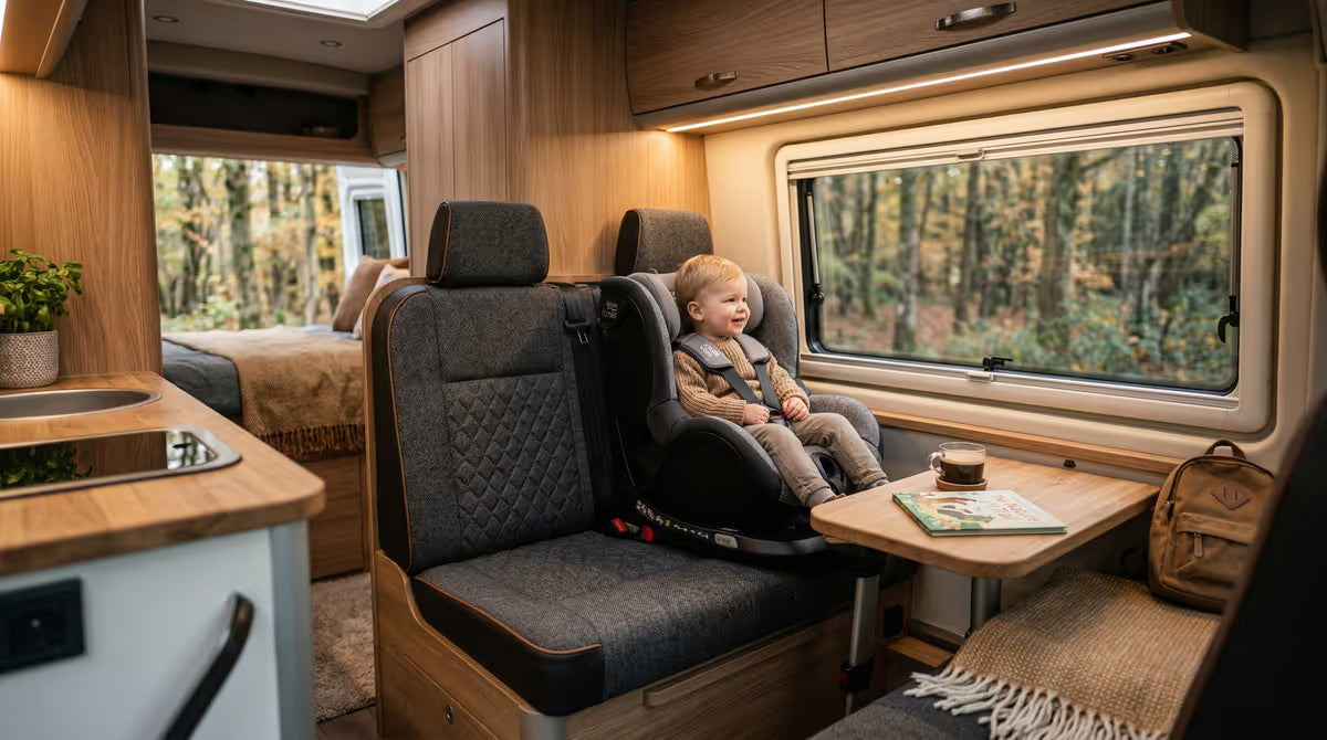 Kind im Kindersitz auf nachgerüstetem Sitzplatz im Wohnmobil